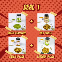Deal 1: Mixed Pickle مکس اچار + Green Chutney ہری چٹنی + Lasora Pickle لاسوڑا کا اچار + Garlic (Lahsan) Pickle لہسن اچار